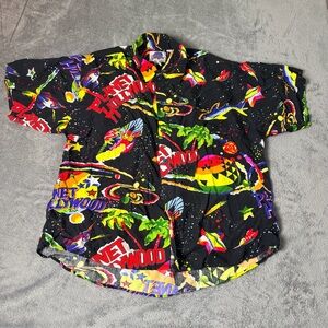 Vintage Jams World Shirt Men XL Black Planet Hollywood Hawaiian Button Up 90s